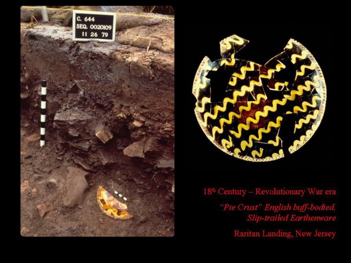 In-situ View and Insert of Similar Slip Decorated Earthenware Plate from 18th C. Port of Raritan Landing, New Brunswick, New Jersey